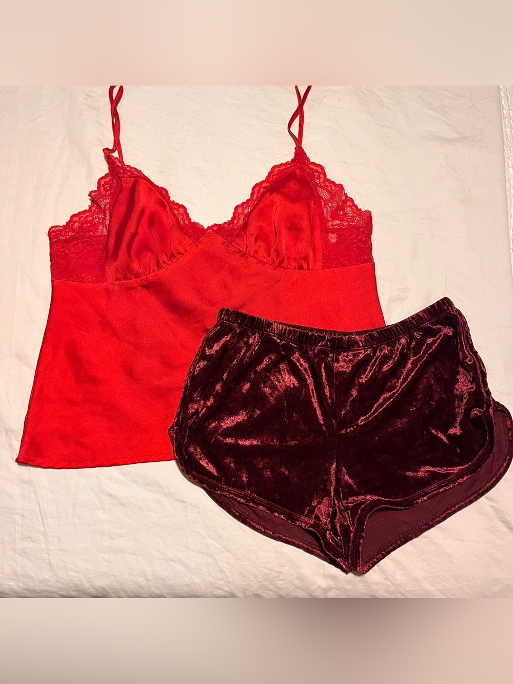 Glassons Red Lace Cami with Burgundy Velvet Shorts Sleep Set Medium top & shorts